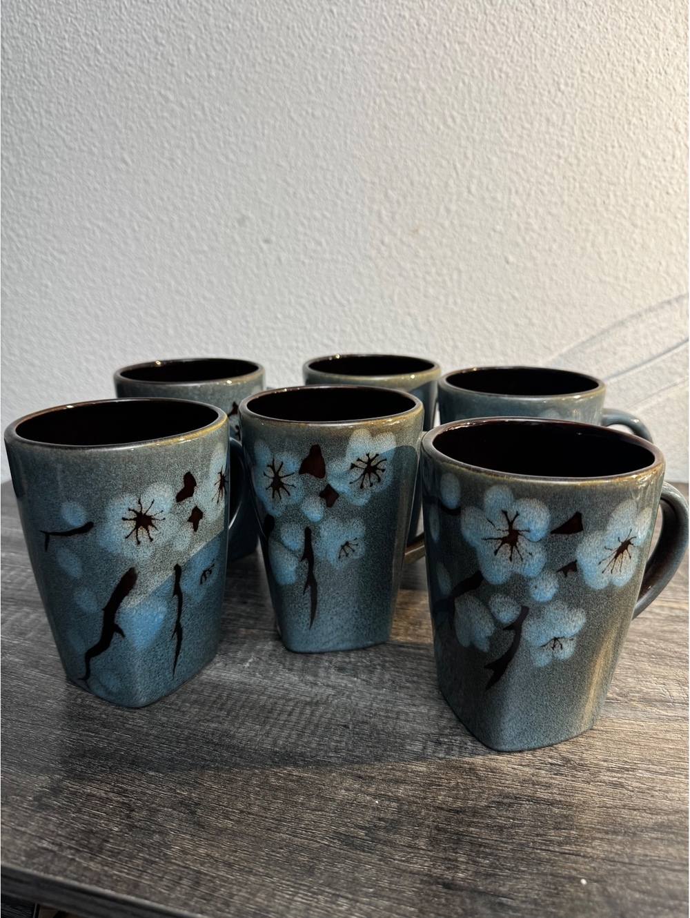 Pier 1 Tranquil Stoneware Mugs Set of 6 Blue Floral Square Bottom Discontinued
